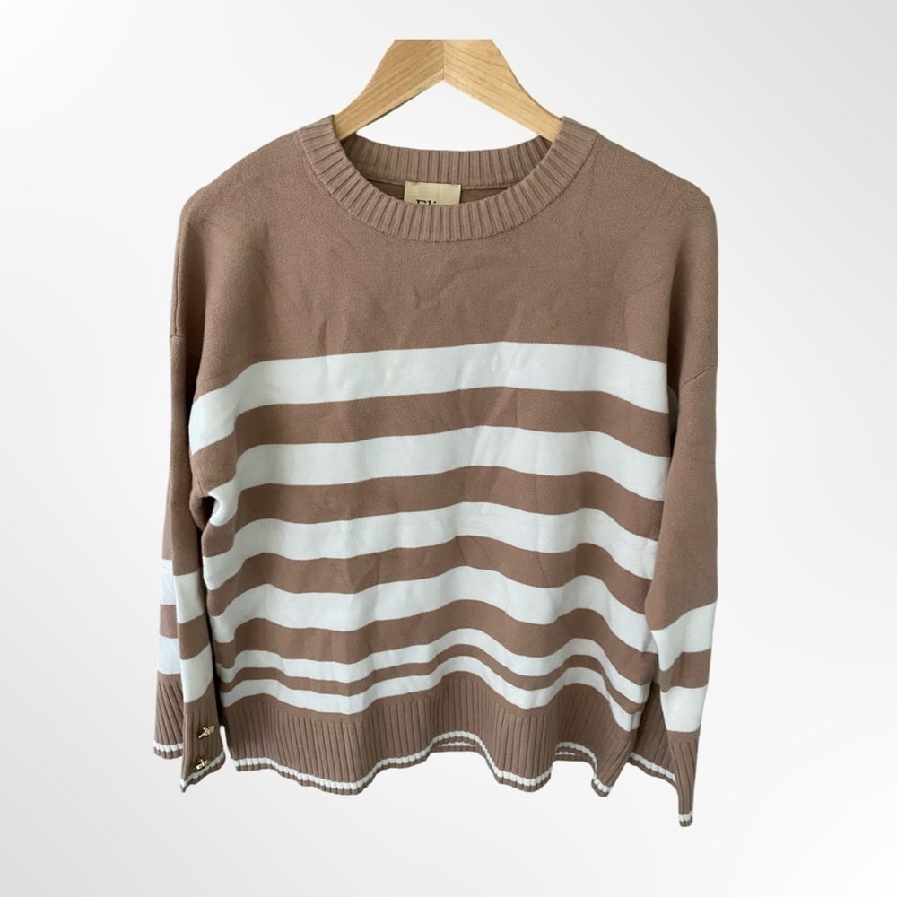 Elie Tahari Ribbed Trim Wide Sleeve Striped Sweater Tan/Ivory NWT Size M
